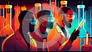 Overview of Black Male Scientists Examining the Coronavirus Epidemic in Test Tubes, Virus Research Lab Background, Generative AI