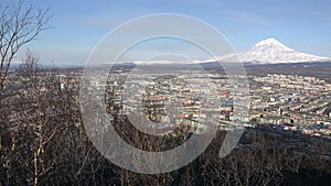 Overview of the city of Petropavlovsk-Kamchatsky with a bird`s-eye view