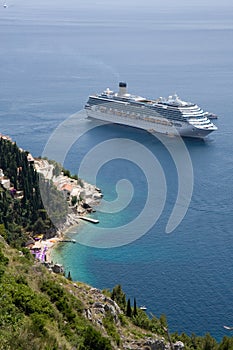 Overview of Cruise Ship and village at the coast of Croatia.