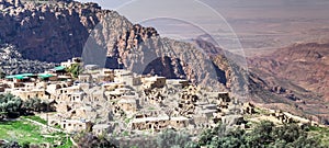 Overview of the Dana village on the edge of the Dana Nature Reserve in Jordan, with the Wadi Araba and the desert of Israel in the