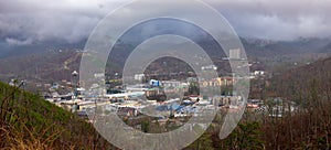 Overview of Gatlinburg Tennessee on a cloudy spring day