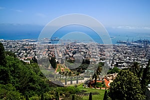 Overview of Haifa coast along Mediterranean Sea, where naval port and Bahai Gardens reside