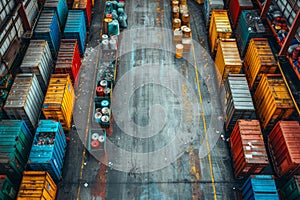 Overview of a large recycling facility floor from above showing various sorting stages. AI generated.