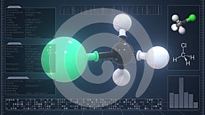 Molecule of chloromethane with infographics on the computer monitor, 3d rendering photo