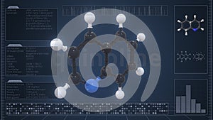 Molecule of quinoline with infographics on the computer monitor, 3d rendering photo