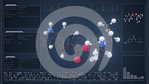 Overview of the molecule of procaine on the computer screen. Loopable 3d animation