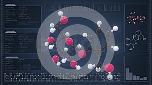 Overview of the molecule of salicin on the computer screen. Loopable 3d animation