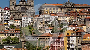 Overview of old town of Porto historic buildings timelapse, Portugal