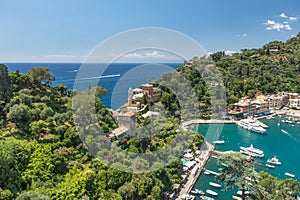 Overview of Portofino seaside area with partial view of harbour