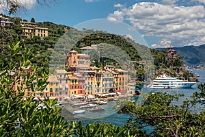 Overview of Portofino seaside area with traditional colourful houses