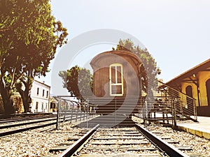 Overview of the rails and a wagon, in the old train station in Tel Aviv, Israel