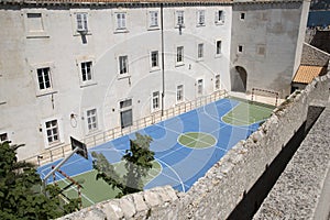 Overview of a sports court with markings