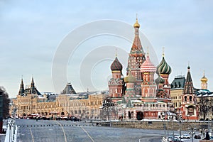 Overview St. Basil`s Cathedral from Bolshoi Moskovoretsky Bridge