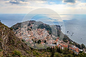 Overview of Town of Taormina and Mediterranean Sea