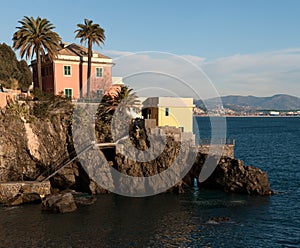 Overview of two houses on the sea