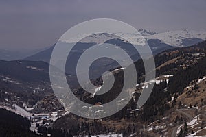 Overview of the valley of Meribel looking from the hills above. Houses and villages in french alps around Meribel and Courchevel