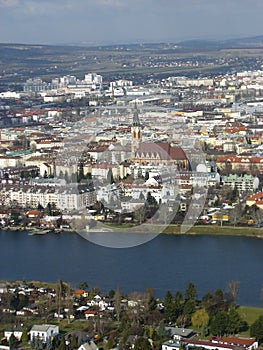 Overview of Vienna with the Donau River in foregro