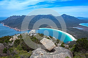Overview of Wineglass Bay in Freycinet National Park From Mount Amos Lookout, East Tasmania, Australia