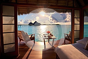 overwater bungalow with a view of the horizon and sea