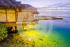 Overwater Bungalows at dusk, French Polynesia