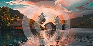 Overwater bungalows with thatched roofs at sunset