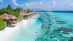 Overwater bungalows on a tropical island with palm trees and clear blue water