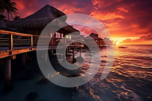 Overwater bungalows in tropical ocean