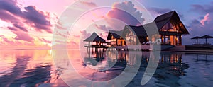 Overwater bungalows at tropical resort at sunset