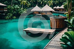 an overwater luxurious spa nestled in the heart of a tropical blue lagoon