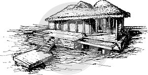 overwater villa with private pool sketch. banner  logo  concept  resort  label