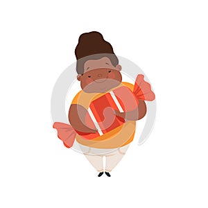 Overweight african american boy with a huge candy, cute chubby child cartoon character vector Illustration on a white