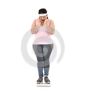 Overweight Asian woman looking shocked to see the weight on the scale isolated on white background