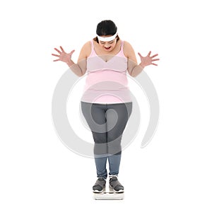 Overweight Asian woman looking shocked to see the weight on the scale isolated on white background