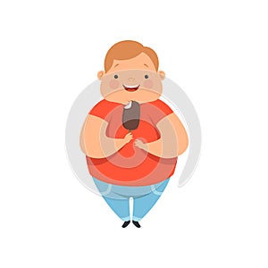 Overweight boy eating ice cream, cute chubby child cartoon character vector Illustration on a white background