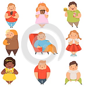 Overweight boys and girls set, cute chubby children cartoon characters eating fast food vector Illustration on a white