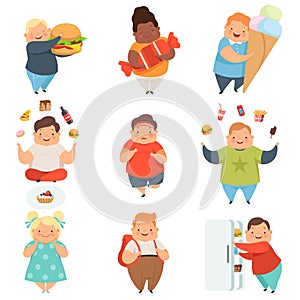 Overweight boys and girls set, cute chubby children cartoon characters with fast food vector Illustration on a white