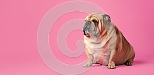 Overweight bulldog sitting on pink background, banner with copy-space.