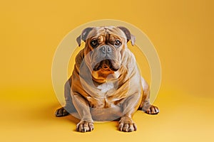 Overweight bulldog sitting on a vibrant yellow background.