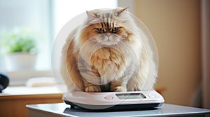 Overweight cat sitting on weight scale