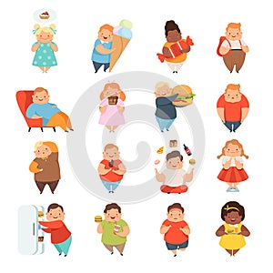 Overweight children eating junk food set. Harmful food, obesity problem cartoon vector illustration