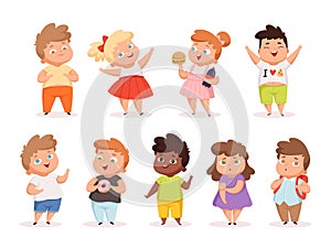 Overweight children. Fat kids eating different junk food oversize people in casual clothes vector different characters