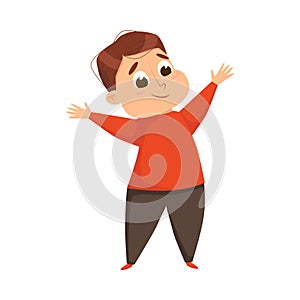 Overweight Chubby Boy, Cheerful Fat Unhealthy Kid Character Doing Sports Exercise Cartoon Style Vector Illustration