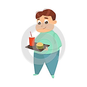 Overweight Chubby Boy Eating Fast Food, Cheerful Fat Unhealthy Kid Character Cartoon Style Vector Illustration