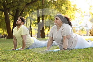 Overweight couple training together in park photo