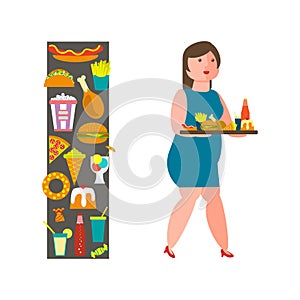 Overweight girl with junk-food.