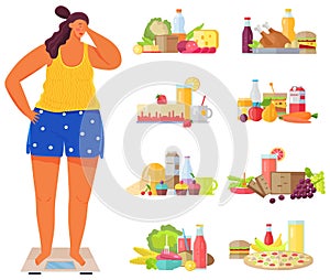 Overweight girl on scales surrounded by junk food, fastfood and fizzy drinks. Lady measuring weight