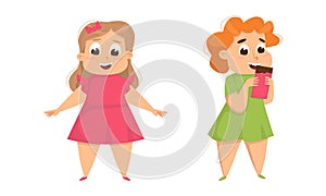 Overweight kids eating sweets set. Cute chubby girls. Children obesity concept cartoon vector illustration