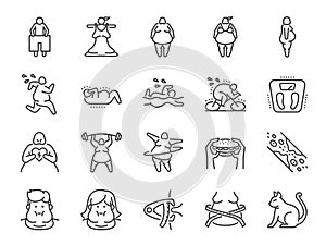 Overweight line icon set. Included the icons as fat, cholesterol, lose weight, exercise, scales and more.