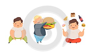 Overweight Little Children with Extra Body Fat Overeating Unhealthy Food Vector Set