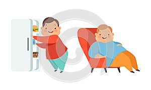 Overweight Little Children with Extra Body Fat Overeating Unhealthy Food Vector Set